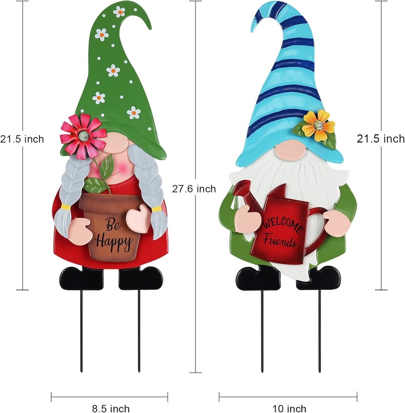 YEAHOME Garden Decor for Outside, Set of 2 Metal Gnomes 27.6” Decorative Garden Stakes with Flowers for Spring Decor, Yard Art Stakes for Outdoor Lawn Backyard Porch Garden Decorations - Image 4